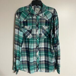 Women's BKE Vintage Fit Long‎ Sleeve Plaid Pearl Snap Shirt size XL Green White